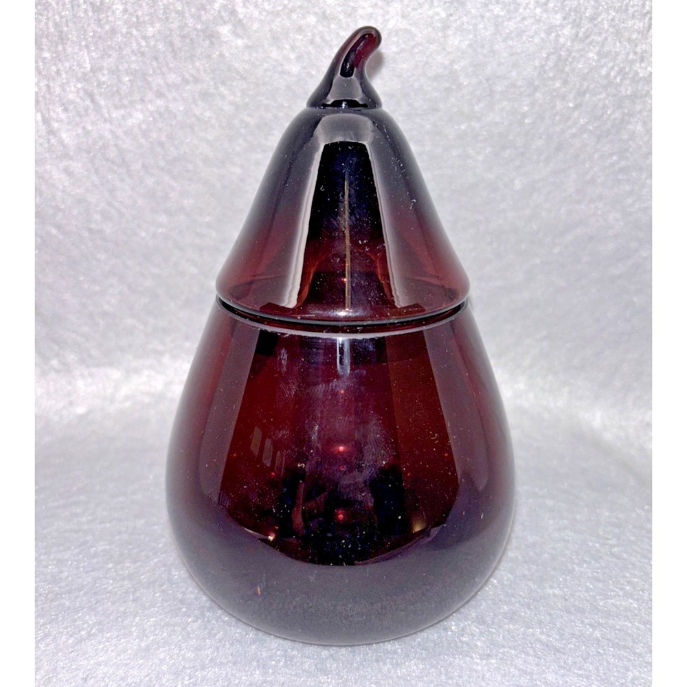 Pear Shaped Amethyst Art Glass Hand Blown Candy Jar w/Lid Dark Purple Decor EUC